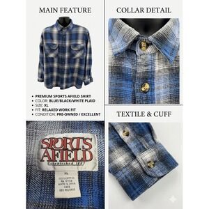 Sports Afield Men's Flannel Shirt XL  Blue Plaid 100% Cotton Long Sleeve